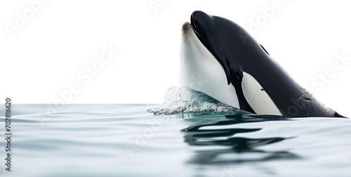 An orca whale head looking out of the water surface of the sea isolated on a white background