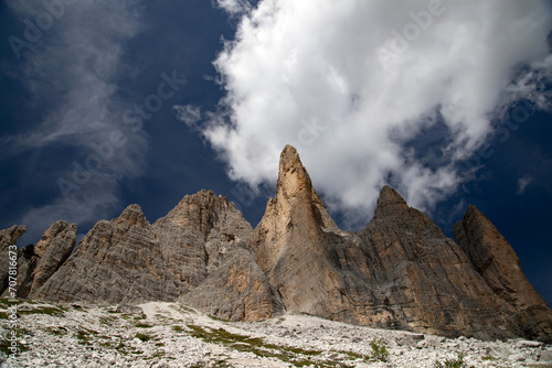 Beautiful sunny day in Dolomites mountains. View on Tre Cime di Lavaredo