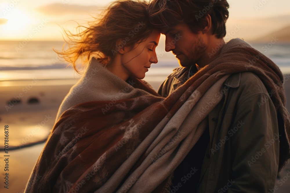 A young happy couple in love at sunset on the coast of the sea hugging covered with a warm blanket. A date in nature. A young happy couple in love at sunset on the coast of the sea hugging covered with a warm blanket. A date in nature.