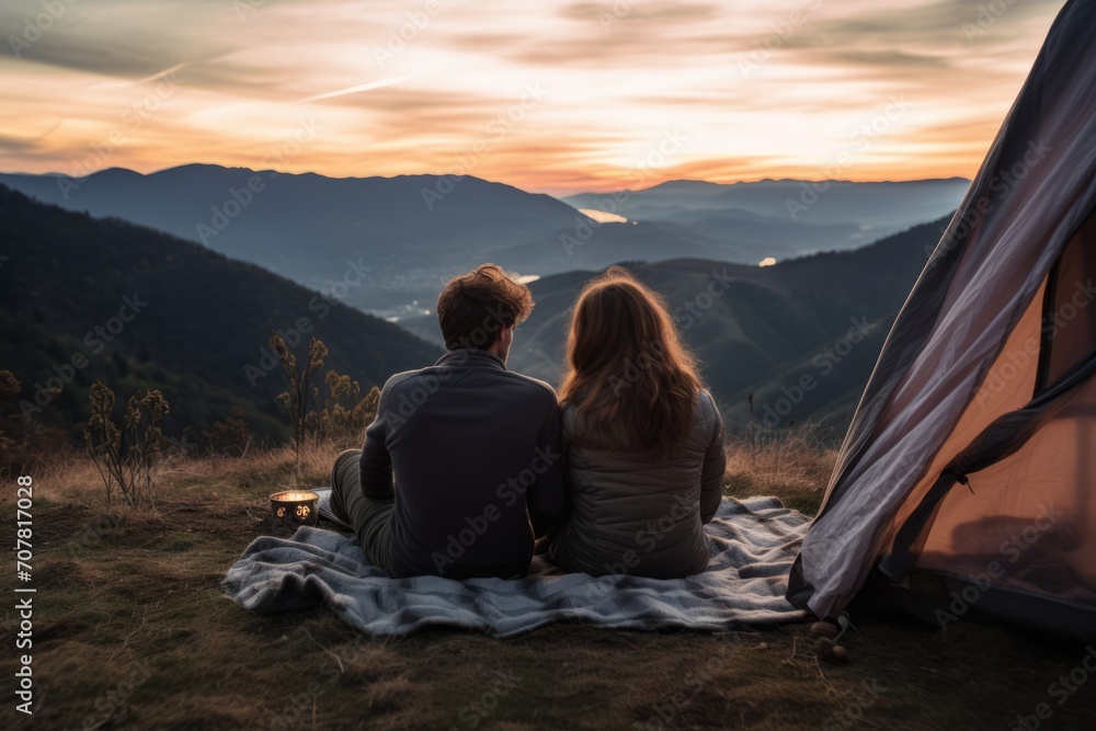 A young happy couple in love at sunset in the mountains is sitting on a blanket and enjoying the views of nature. Rear view. Active recreation and a date high in the mountains.
