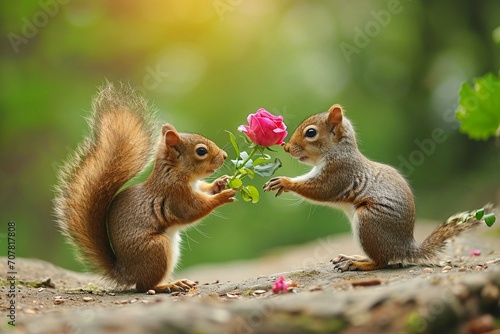 Cute squirrel offering a flower gift to its lover, fun wildlife, love and Valentine's day greeting card