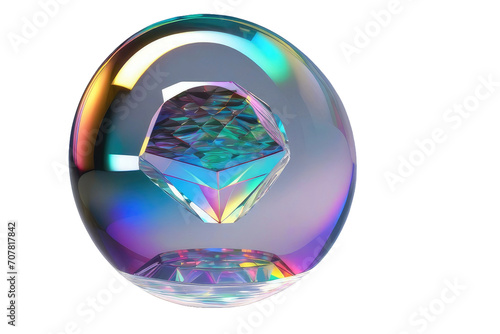 3d crystal glass bubble with refraction and holographic effect isolated on transparent or white background