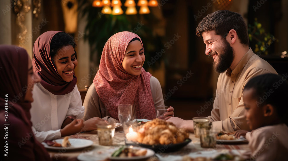 Family of three, a mother wearing a hijab, a father, and their young child, enjoying a cozy moment together with warm lighting and candles around them.