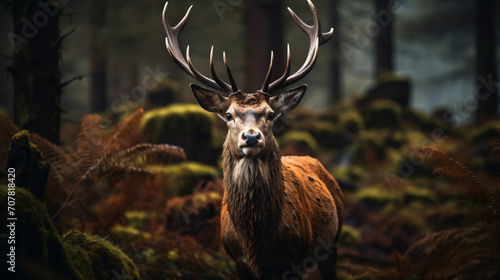 One of the red deer is looking at camera through the forest, in the style of dark atmosphere, photo-realistic landscapes, wimmelbilder, british topographical, 3840x2160, close-up, baroque animals   © Possibility Pages