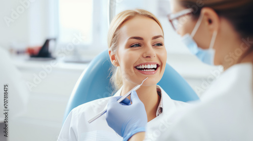 Patient with a bright smile sitting in a dental chair, looking up at a dentist who is examining him