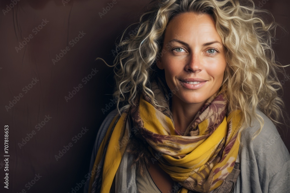 Portrait of a beautiful woman with blond curly hair wearing a scarf Portrait of a beautiful woman with blond curly hair wearing a scarf