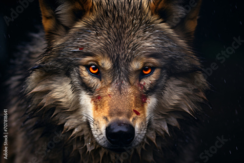 Gray wolf face  in the style of detailed atmospheric portraits  dark gold and red  macro zoom  aerial photography  soggy  3840x2160  mysterious symbolism  