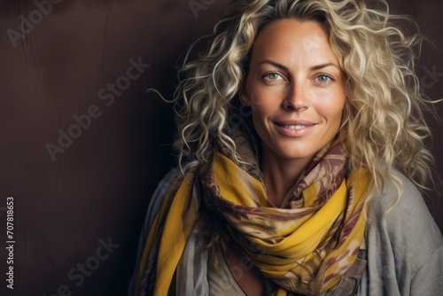 Portrait of a beautiful woman with blond curly hair wearing a scarf
