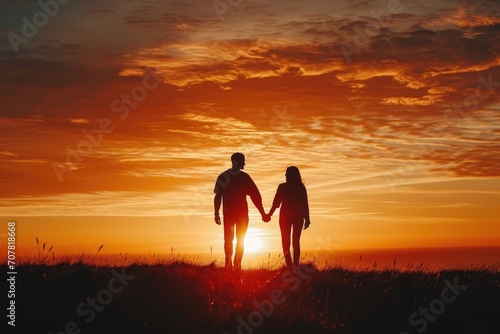 Silhouette of a couple holding hands at sunset, romantic backdrop