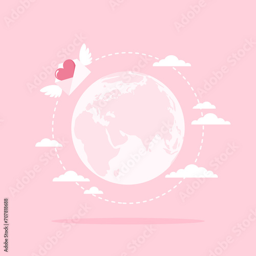 Earth globe and winged envelope with heart inside flying around. Sending a love letter. Flat vector illustration