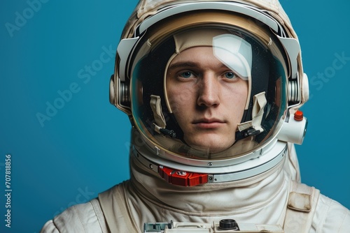Studio portrait of a young European man in an astronaut suit, isolated on a space background © furyon