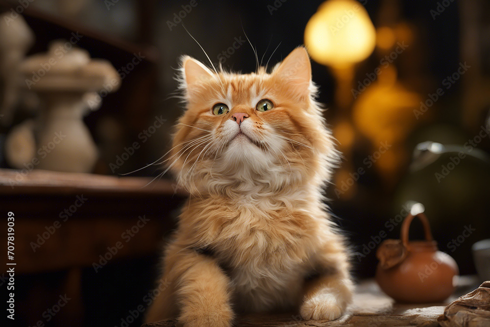A fluffy red cat is comfortably settled down to play. Cute cozy background A fluffy red cat is comfortably settled down to play. Cute cozy background