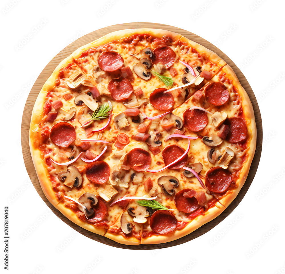 Top view of Delicious pepperoni pizza and tomato basil cooking ingredients, PNG file, isolated background. Top view of Delicious pepperoni pizza and tomato basil cooking ingredients, PNG file, isolated background.
