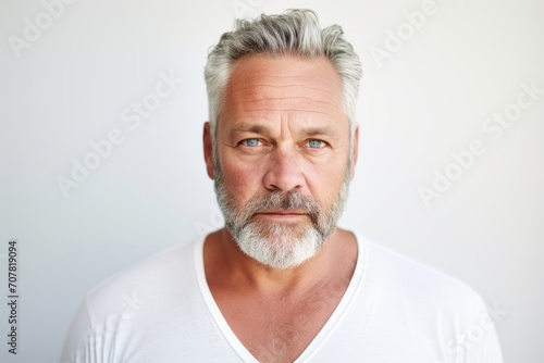 Handsome senior man with grey hair and beard looking at camera