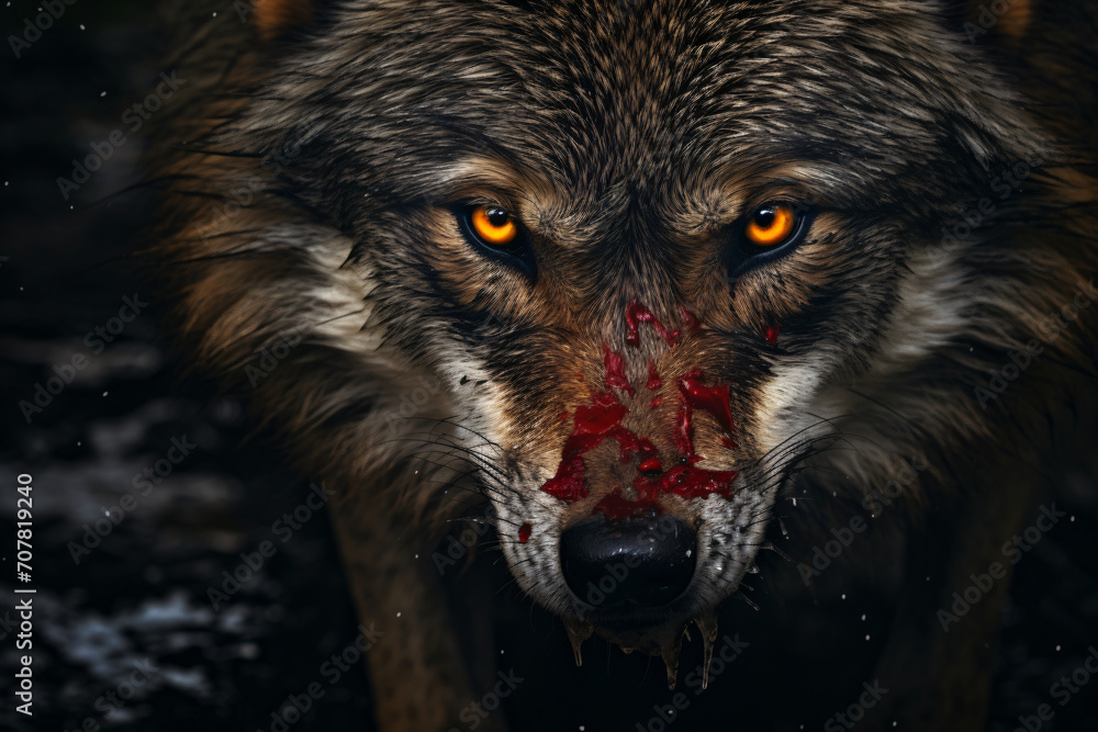Φωτογραφία Gray wolf face, in the style of detailed atmospheric portraits, dark gold and re