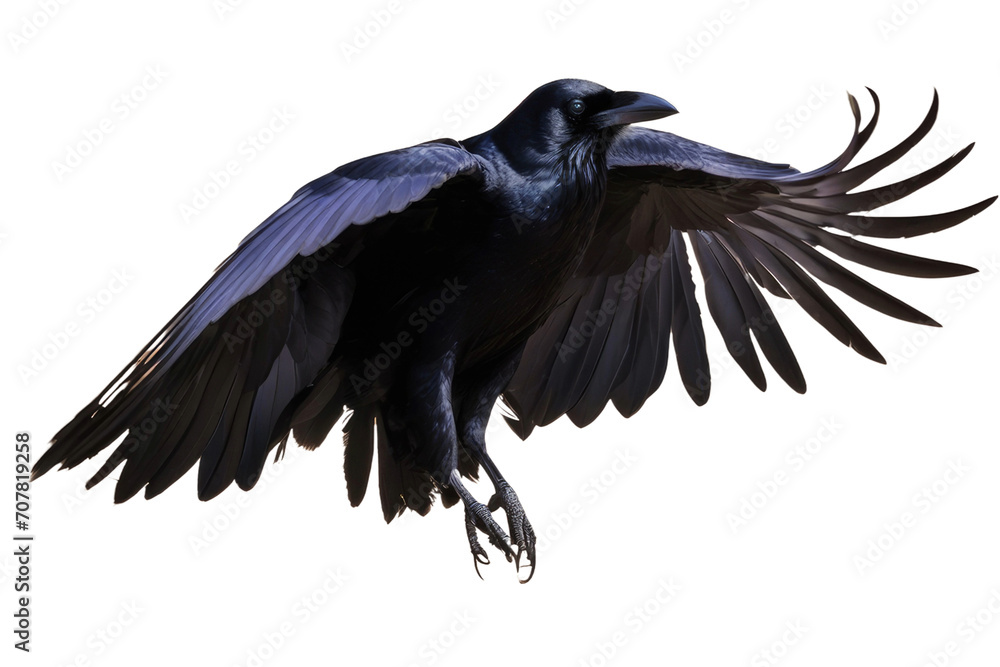 Fototapeta premium a high quality stock photograph of a single flying spread winged raven isolated on a transparant or white background
