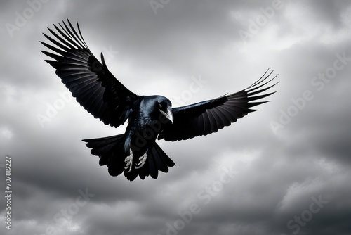 a high quality stock photograph of a single flying spread winged raven isolated on a transparant or white background © ramses