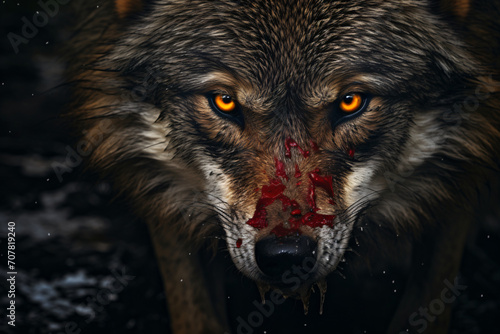 Gray wolf face, in the style of detailed atmospheric portraits, dark gold and red, macro zoom, aerial photography, soggy, 3840x2160, mysterious symbolism