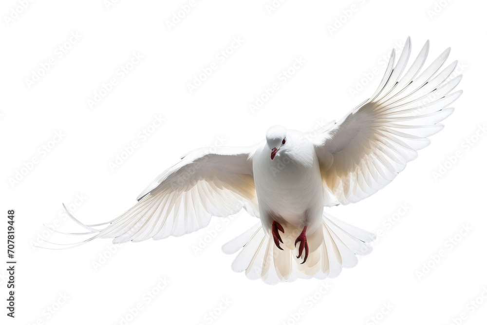 Fototapeta premium a high quality stock photograph of a single flying spread winged white pigeon isolated on a transparant or white background