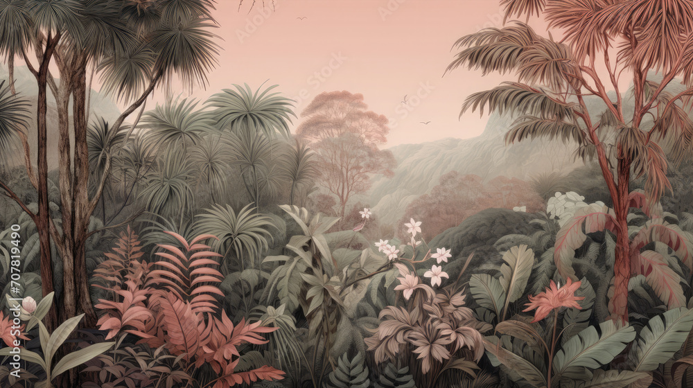 Retro mural photo wallpaper jungle and graceful leaves tropical forest vintage background graphics painting art card poster print interior - generative AI - obrazy, fototapety, plakaty 