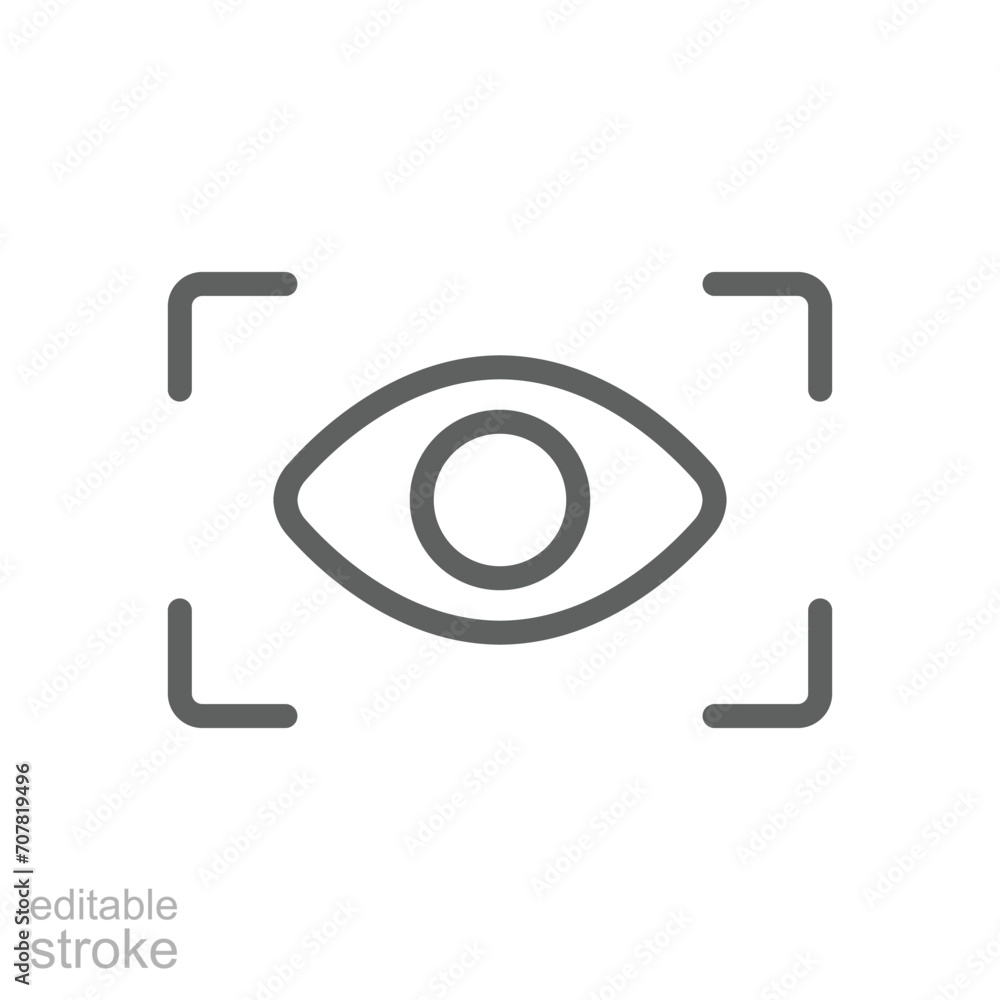 Eye scan icon. Simple outline style. Visual identity, focus, view, vision, future tech, eye with scanning frame, technology concept. Thin line symbol. Vector illustration isolated. Editable stroke. Eye scan icon. Simple outline style. Visual identity, focus, view, vision, future tech, eye with scanning frame, technology concept. Thin line symbol. Vector illustration isolated. Editable stroke.
