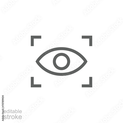 Eye scan icon. Simple outline style. Visual identity, focus, view, vision, future tech, eye with scanning frame, technology concept. Thin line symbol. Vector illustration isolated. Editable stroke.