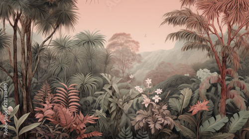 Retro mural photo wallpaper jungle and graceful leaves tropical forest vintage background graphics painting art card poster print interior - generative AI photo
