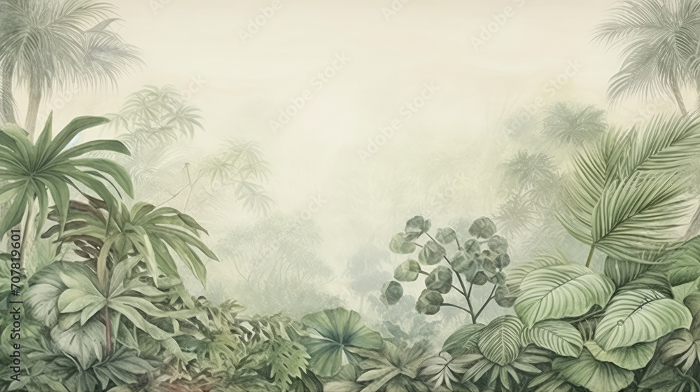 Retro mural photo wallpaper jungle and graceful leaves tropical forest vintage background graphics painting art card poster print interior - generative AI - obrazy, fototapety, plakaty 