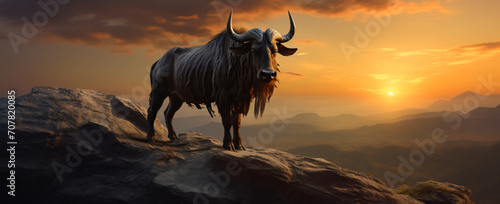 A golden buffalo in a sunset, in the style of macro lens, himalayan art, photo-realistic landscapes, strong facial expression, light black and brown, zaire school of popular painting, unprimed canvas
 photo