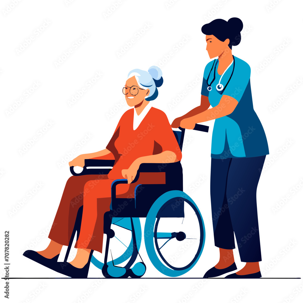 Caring Nurse Assisting Elderly Patient in Wheelchair Vector Illustration, Nurse Support for Senior in Wheelchair SVG Graphic Caring Nurse Assisting Elderly Patient in Wheelchair Vector Illustration, Nurse Support for Senior in Wheelchair SVG Graphic