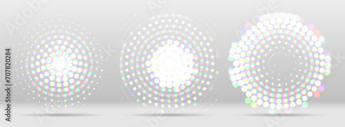 Halftone dotted background circularly distributed frame for business advertising, catalog or annual report cover. Halftone effect vector hipster pattern. Modern Circle Holographic Dots on the white. photo