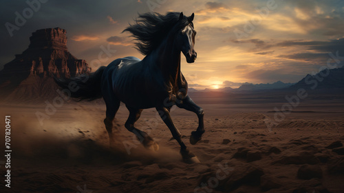 A horse running through a desert with dark atmosphere, in the style of black and azure, photo-realistic landscapes