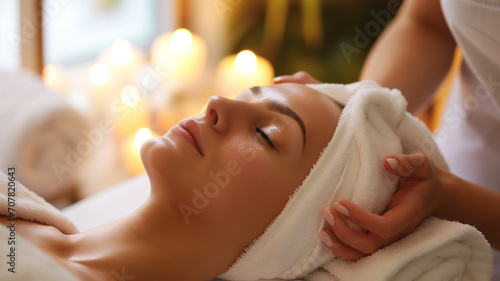 Woman undergoing facial treatments at spa photo