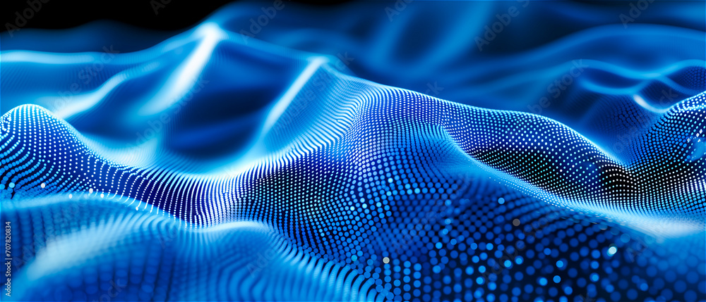 Naklejka premium Wave of dots and weave lines. Abstract Digital Technology Background. Abstract wave moving dots flow particles, hi-tech and big data background design for brochures, flyers, magazine, business card, 