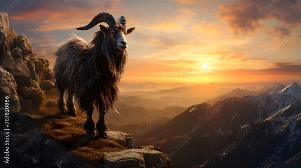 A goat stands on top of a mountain while the sun goes down, in the ...