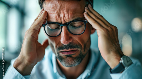 Middle-aged man experiencing a headache, evident by his pained expression and hands pressed against his temples. © MP Studio