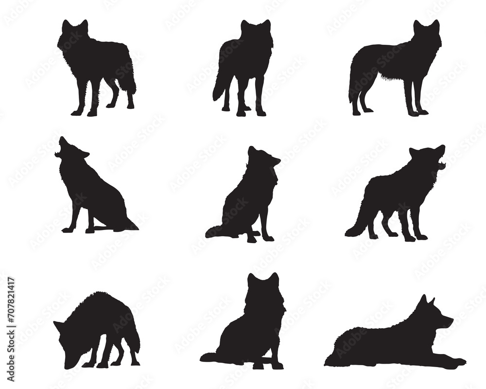 Wolf silhouette set, isolated vector images of wild animals