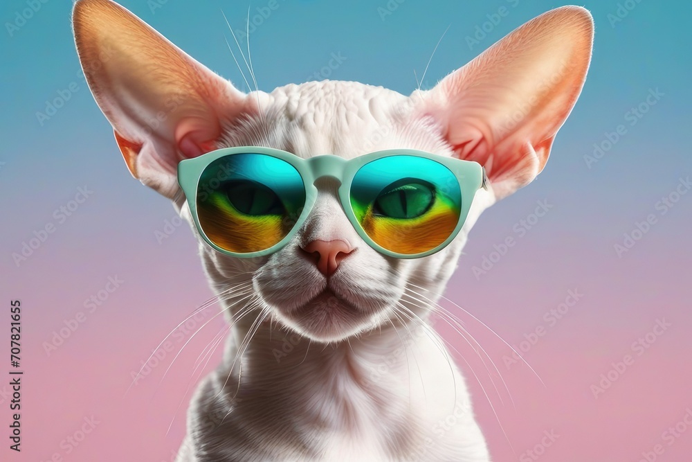 Creative animal concept. Devon Rex cat kitten kitty in sunglass shade glasses full body isolated on solid pastel background, commercial, editorial advertisement, surreal surrealism