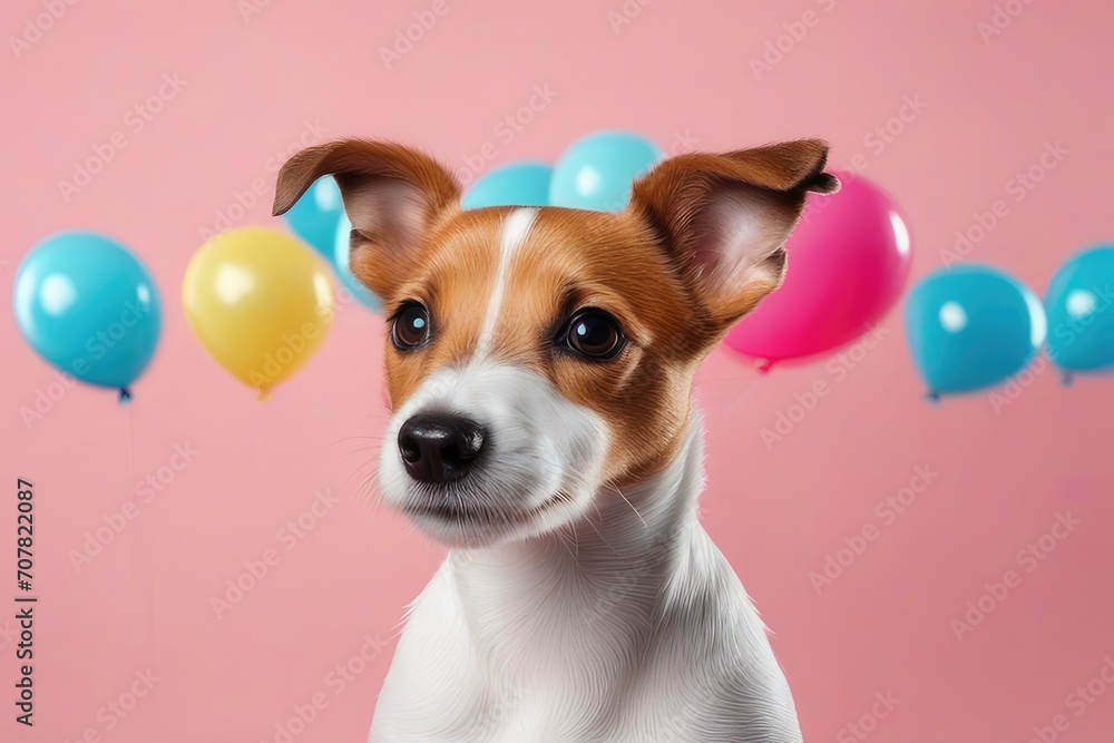 Creative animal concept. Jack Russel Terrier dog puppy peeking over pastel bright background. advertisement, banner, card. copy text space. birthday party invite invitation