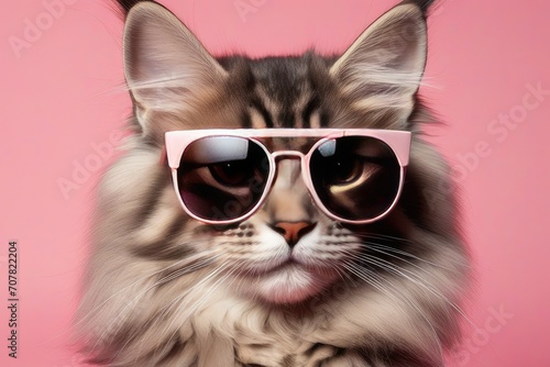 Creative animal concept. Maine Coon cat kitten kitty in sunglass shade glasses isolated on solid pastel background, commercial, editorial advertisement, surreal surrealism
