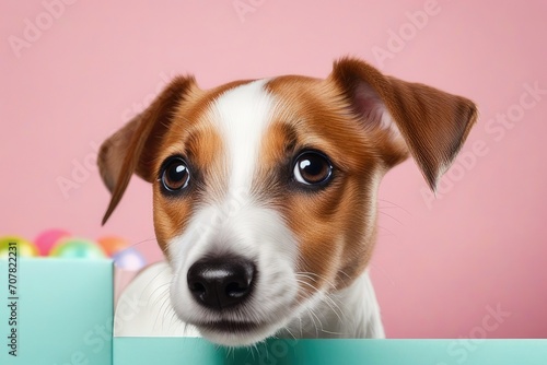 Creative animal concept. Jack Russel Terrier dog puppy peeking over pastel bright background. advertisement, banner, card. copy text space. birthday party invite invitation