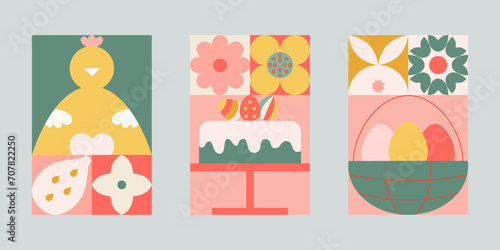 Easter geometric card set with simple bunny, eggs, chick, easter basket, flowers. Bright color cute shapes.