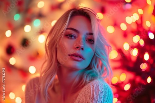 Beautiful woman with blond hair looking at camera in night. Ai generative © Planum