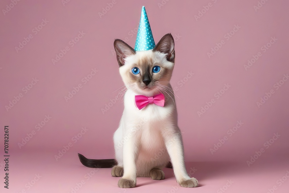 Creative animal concept. Siamese cat kitten kitty in party cone hat necklace bowtie outfit isolated on solid pastel background advertisement, copy text space. birthday party invite invitation