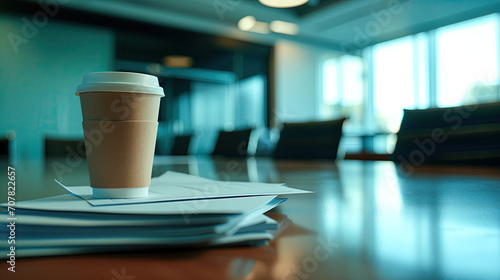 coffee cup on a table in a conference room 