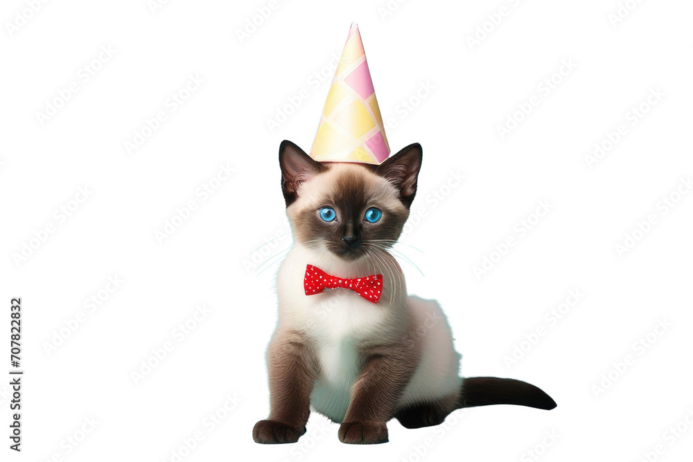 Creative animal concept. Siamese cat kitten kitty in party cone hat necklace bowtie outfit isolated on solid pastel background advertisement, copy text space. birthday party invite invitation Creative animal concept. Siamese cat kitten kitty in party cone hat necklace bowtie outfit isolated on solid pastel background advertisement, copy text space. birthday party invite invitation