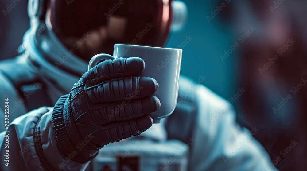 Spaceman drink a cup of coffee in open space