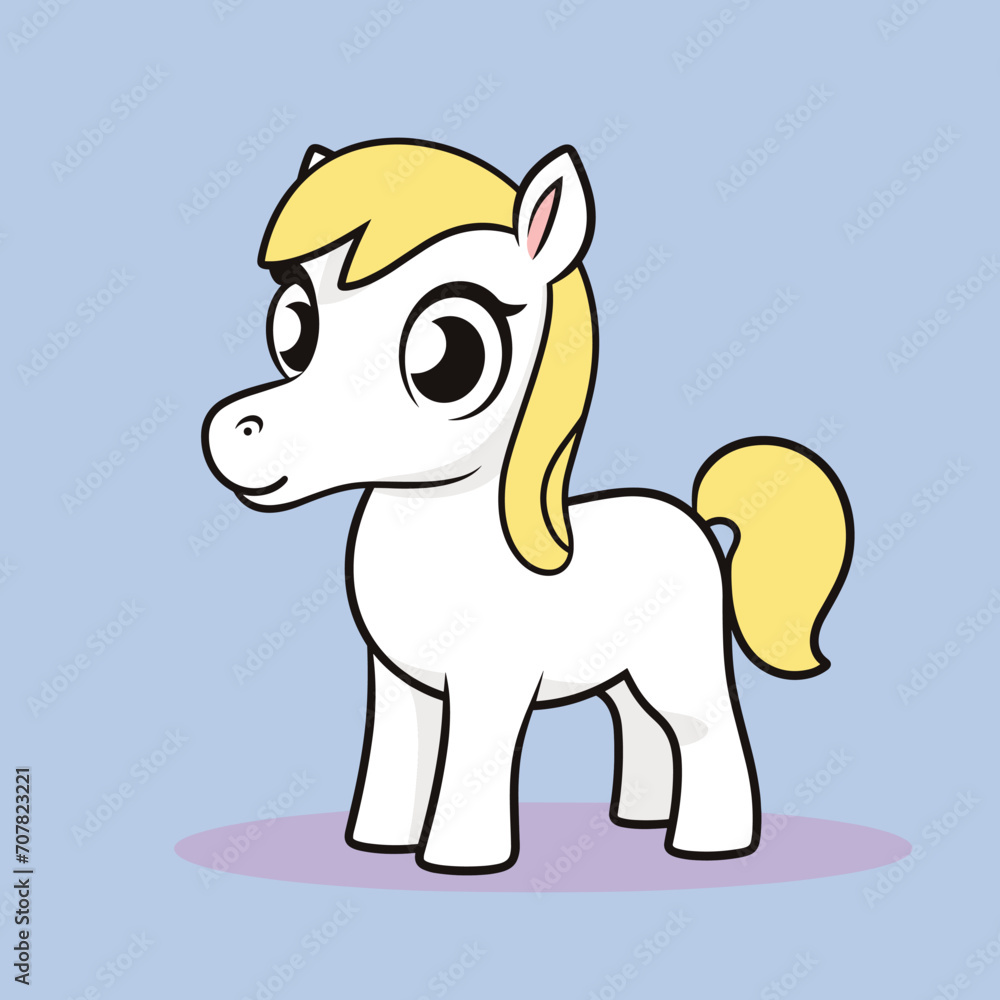 Obraz premium Cute cartoon pony with yellow mane and tail, happy white horse for kids. Childhood fantasy and fun animal character vector illustration.