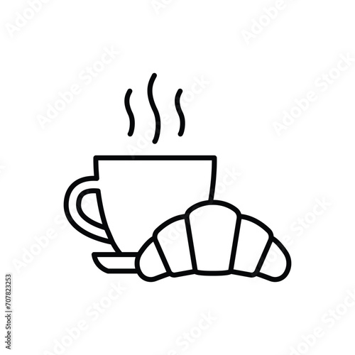 Coffee and croissant icon. Simple outline style. Bread, pastry, crescent, food and drink concept. Thin line symbol. Vector illustration isolated.