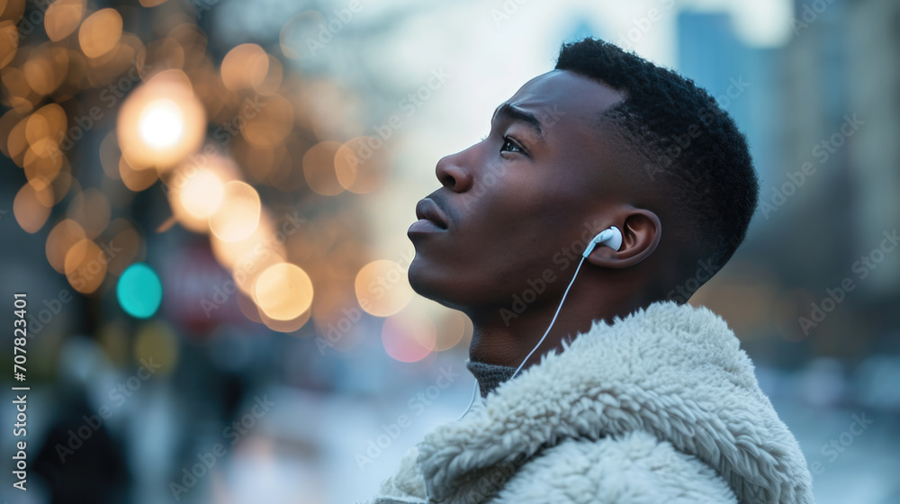 Man is gazing thoughtfully to the side while wearing earphones, with a blurred city background creating a bokeh effect. Man is gazing thoughtfully to the side while wearing earphones, with a blurred city background creating a bokeh effect.